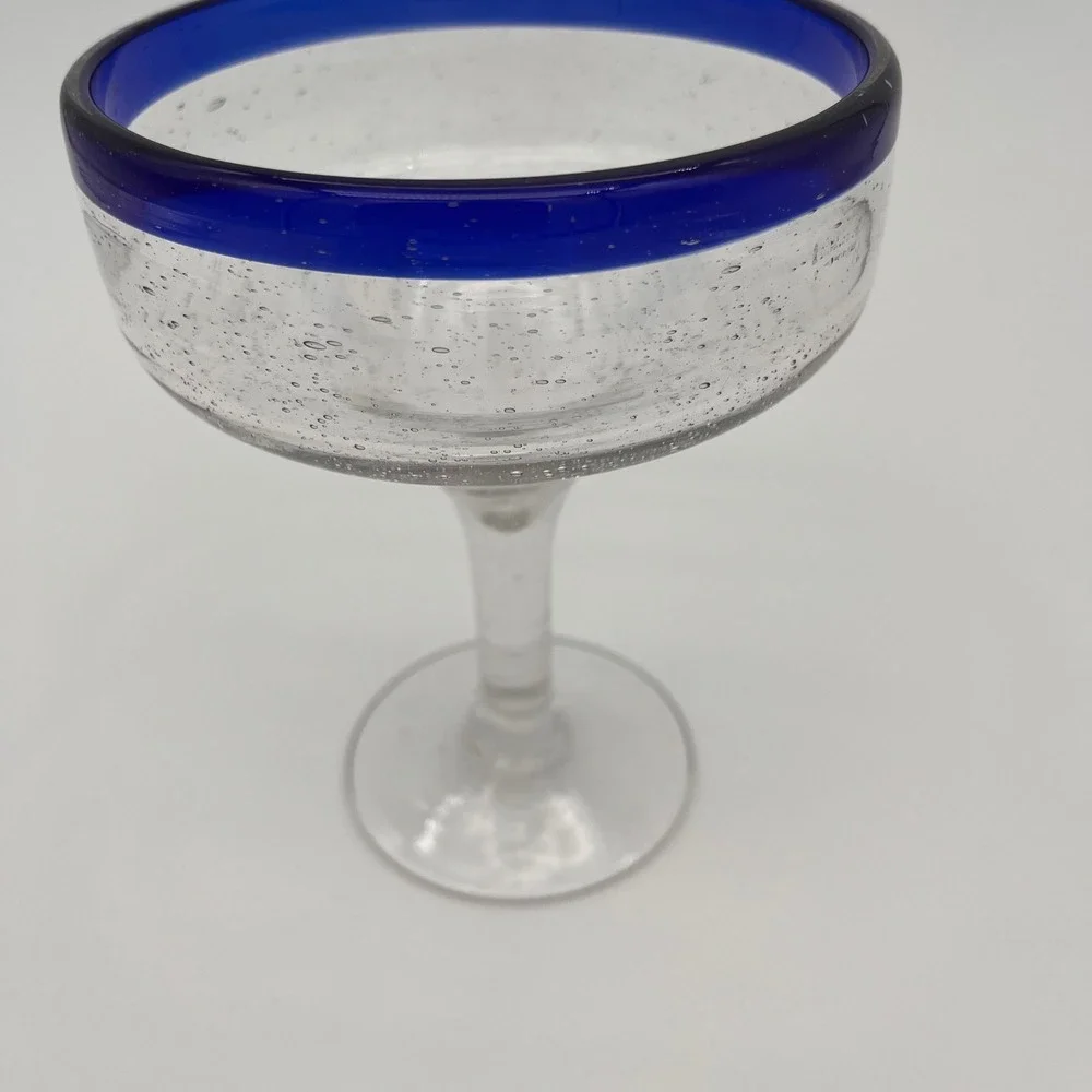 Hand Blown Mexican Margarita Glass Cobalt Blue Rim Seeded Glass Barware